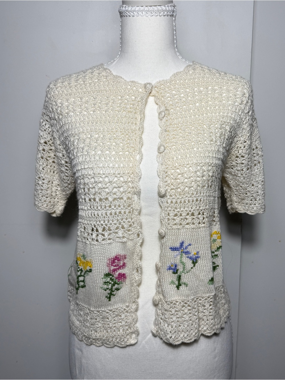 Teddi Crochet Cardigan Women Large Ivory Floral Embroidered Open Knit Boho Retro